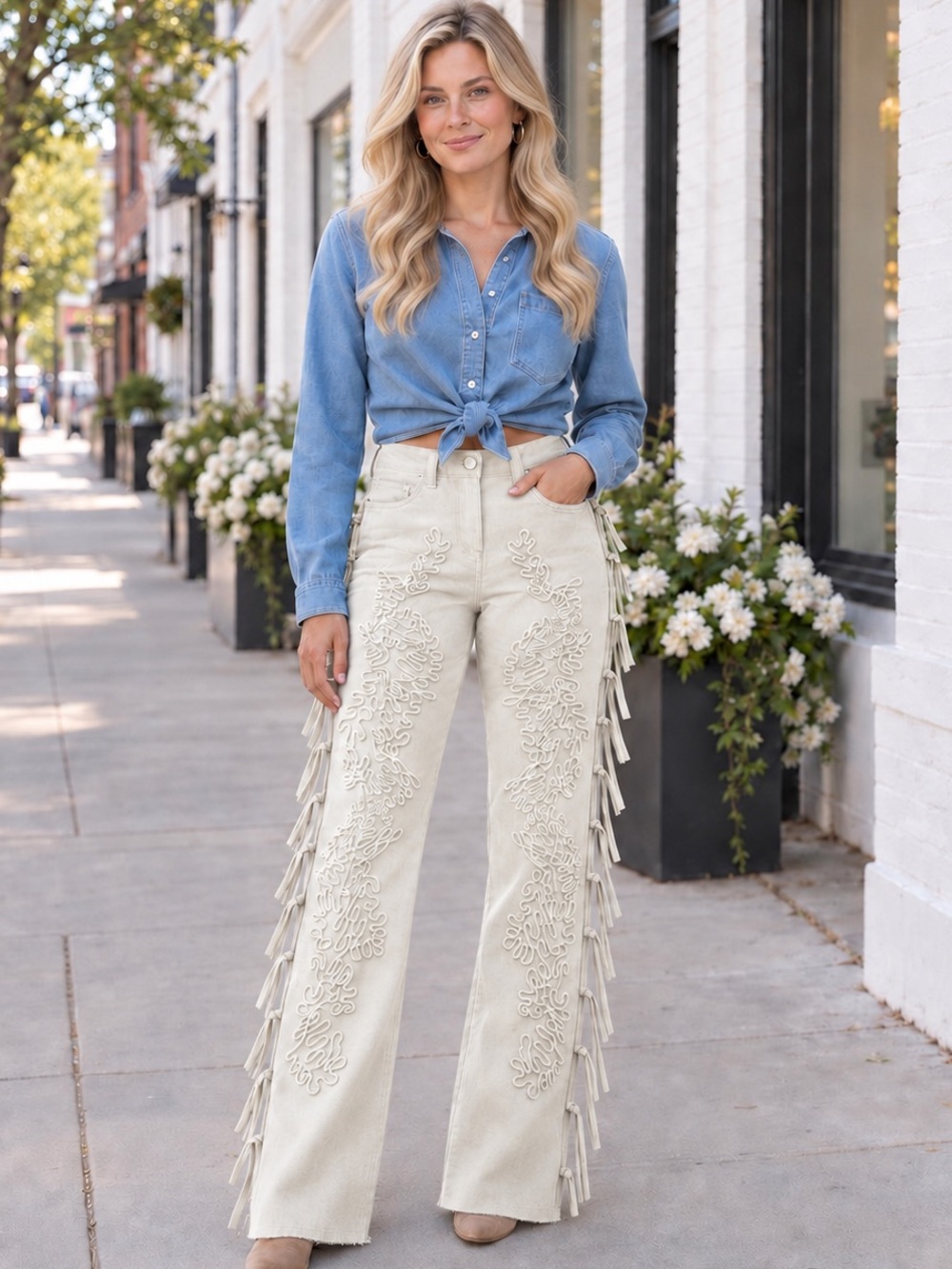 NEW blue b Ivory Faux Suede Embroidered Swirl Side Tie Fringe Straight Leg Jeans